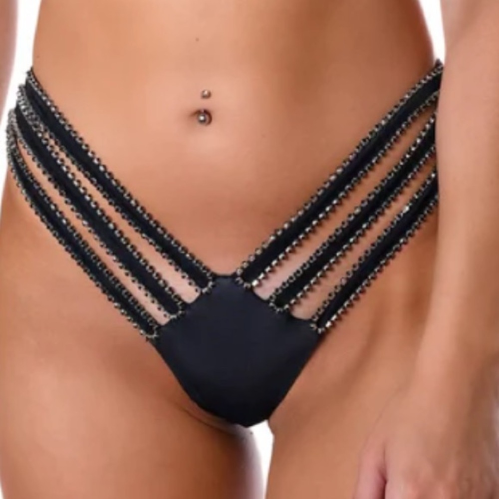 THE LUMI SHOP Black Strappy Rhinestone Bottoms Black Sliver Gold Size Small